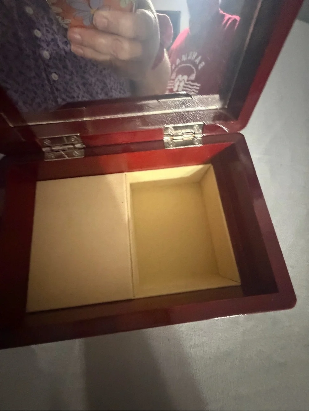 Vintage Wood-Trim Jewelry Box/ Music Box in Deep Red with Floral Inlay